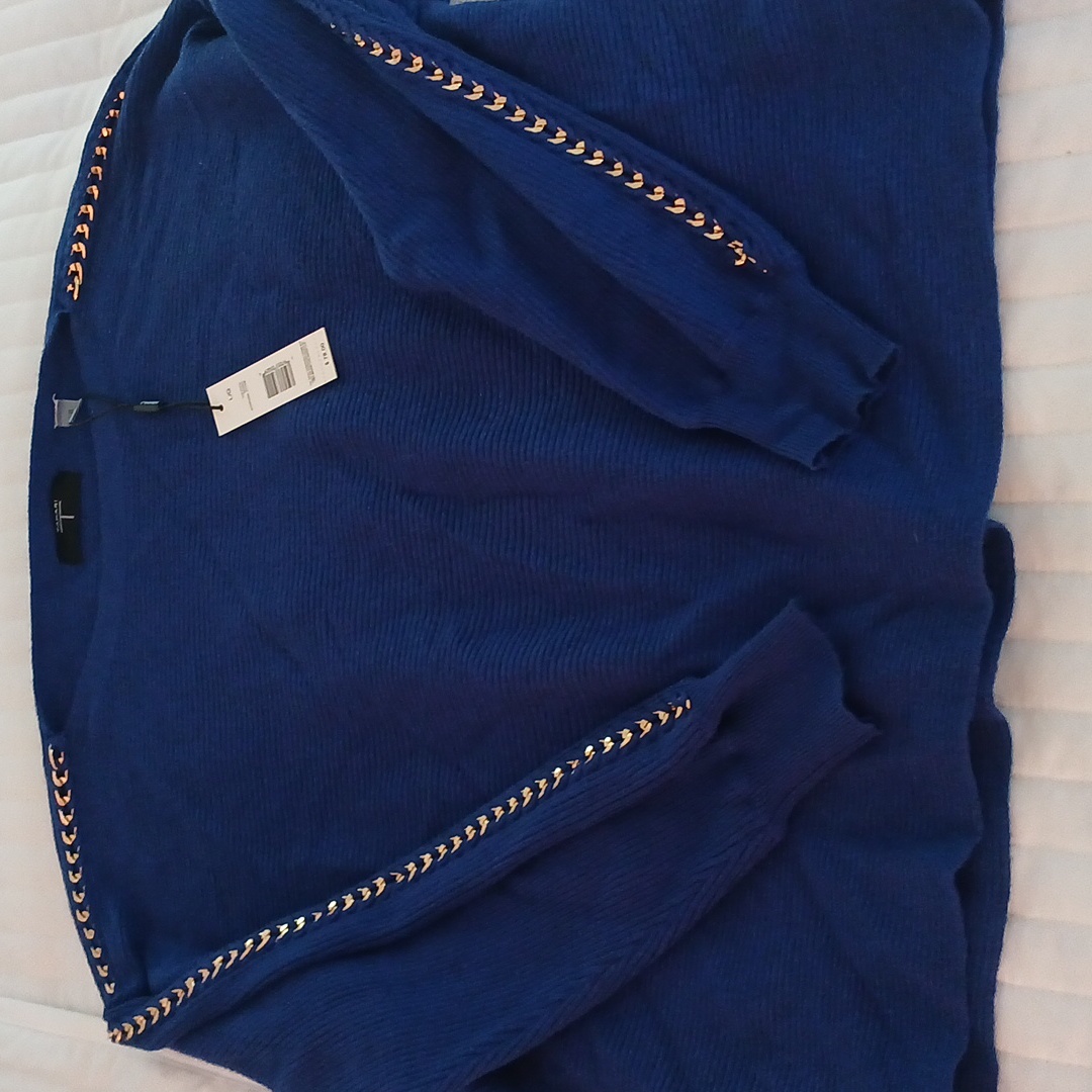 Blue Sweater With Gold Studded Sleeves Tahari Large Bnwt